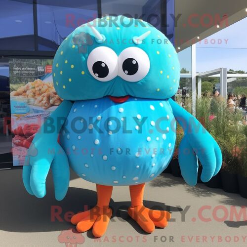 Costume De Mascotte Redbrokoly De Gâteaux De Crabe Turquoise Habillé D Une Jupe Crayon Et De Pinces À Cheveux