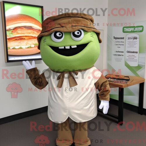 Costume De Mascotte Redbrokoly De Sandwich Au Porc Effiloché Aux Olives Habillé D Une Chemise En Popeline Et D Épingles À Châle