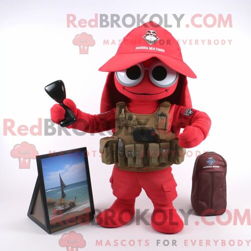Personnage De Costume De Mascotte Redbrokoly De Marine Recon Rouge Habillé Avec Un Bikini Et Des Portefeuilles