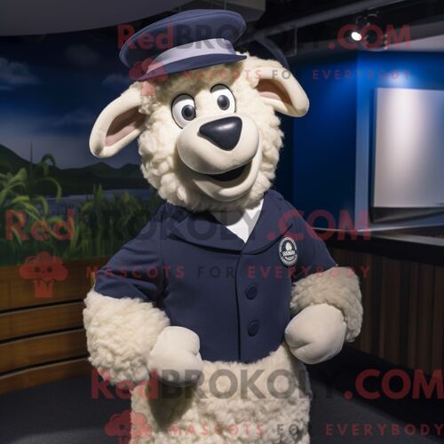 Costume De Mascotte Redbrokoly De Mouton Mérinos Bleu Marine Personnage Habillé Avec Un Gilet Et Des Cravates