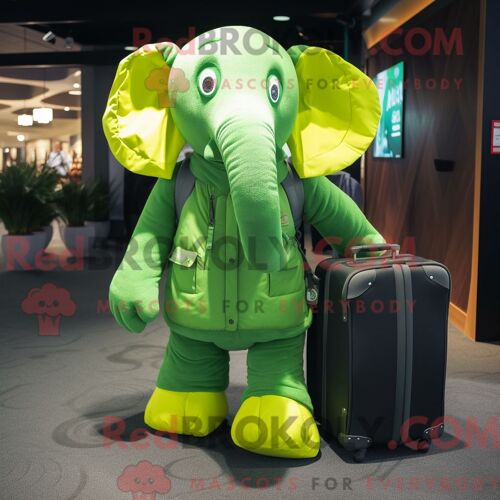 Costume Mascotte Redbrokoly D Éléphant Vert Citron Personnage Habillé Avec Une Parka Et Des Porte-Documents