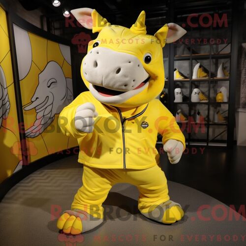 Costume De Mascotte Redbrokoly De Rhinocéros Jaune Citron Habillé D Un T-Shirt Graphique Et De Lacets De Chaussures