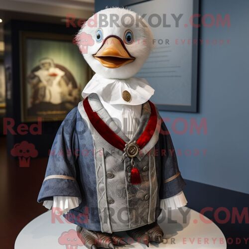 Costume Mascotte Redbrokoly De Canard De Barbarie Argenté Personnage Habillé Avec Un Gilet Et Des Broches