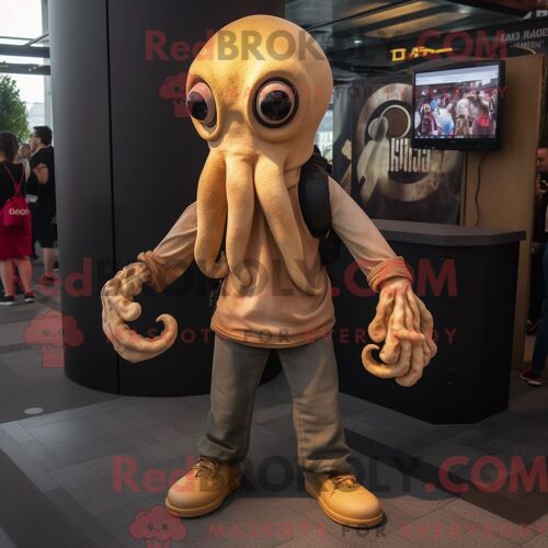 Costume De Mascotte Redbrokoly Tan Kraken Habillé Avec Un Jean Skinny Et Des Bracelets
