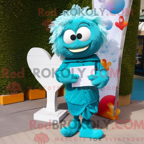 Personnage De Costume De Mascotte Redbrokoly De Lettre D Amour Turquoise Habillé D Un Manteau Et De Bracelets De Cheville