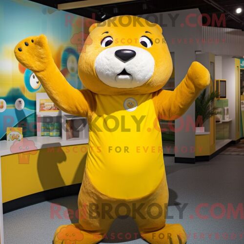 Costume Mascotte Redbrokoly De Loutre Jaune Habillé D Une Barboteuse Et D Anneaux