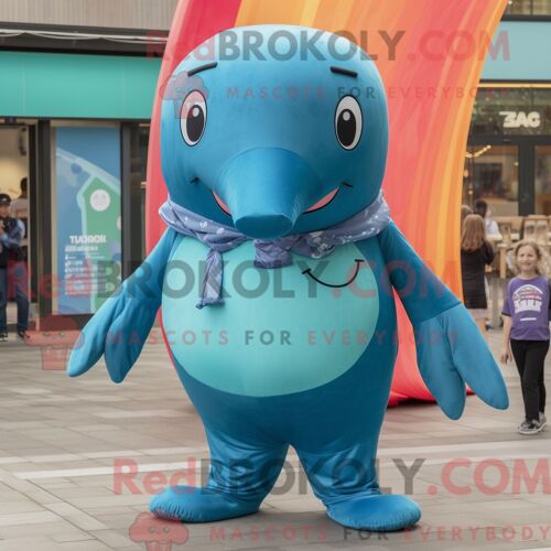 Costume De Mascotte Redbrokoly De Baleine Bleue Sarcelle Personnage Habillé Avec Un Pantalon Et Des Colliers