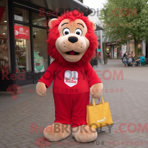 Costume De Mascotte Redbrokoly De Lion Rouge Habillé D Une Salopette Et De Sacs Fourre-Tout