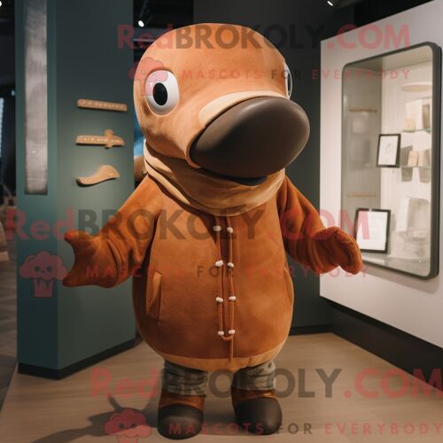 Personnage De Costume De Mascotte Redbrokoly De Baleine Rouille Habillé Avec Un Pull Et Des Écharpes