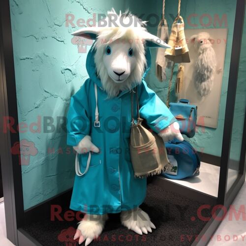 Costume De Mascotte Redbrokoly De Chèvre Angora Cyan Habillé D Un Imperméable Et De Sacs À Main