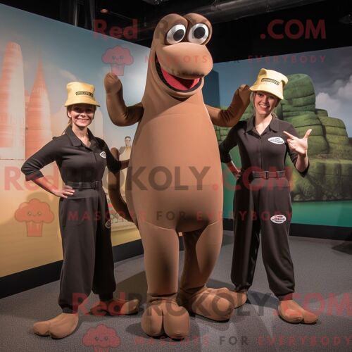 Costume De Mascotte Redbrokoly De Monstre Du Loch Ness Marron Habillé D Un Pantalon De Yoga Et De Bérets