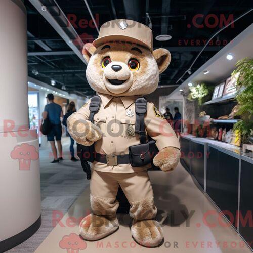 Personnage De Costume De Mascotte Redbrokoly D Officier De Police Beige Habillé Avec Une Barboteuse Et Des Sacs À Dos