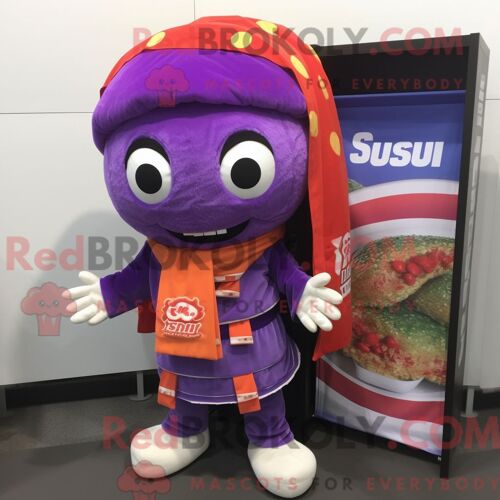 Personnage De Costume De Mascotte Redbrokoly De Sushi Violet Habillé Avec Un Short Cargo Et Des Clips Pour Écharpe