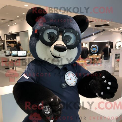 Costume De Mascotte Redbrokoly D Ours À Lunettes Bleu Marine Habillé D Une Chemise Henley Et De Montres Intelligentes