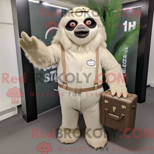 Mascotte Redbrokoly De Paresseux Géant Beige Costume De Personnage Habillé Avec Un Pantalon Et Des Porte-Documents
