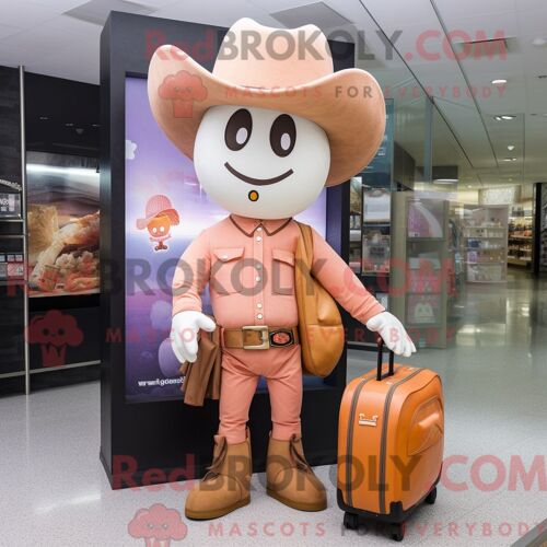 Personnage De Costume De Mascotte Redbrokoly De Peach Cowboy Habillé Avec Une Barboteuse Et Des Porte-Documents