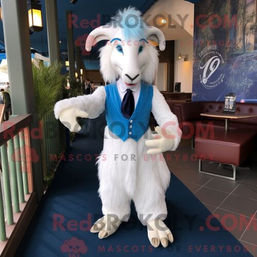Costume Mascotte Redbrokoly De Chèvre Angora Bleue Personnage Habillé D Un Pantalon Capri Et De Pochettes De Costume