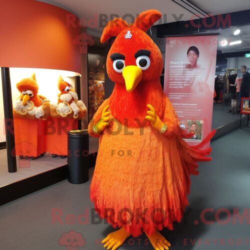 Mascotte Redbrokoly De Poulet Tandoori Orange Personnage Habillé Avec Une Robe De Soirée Et Des Épingles À Cheveux