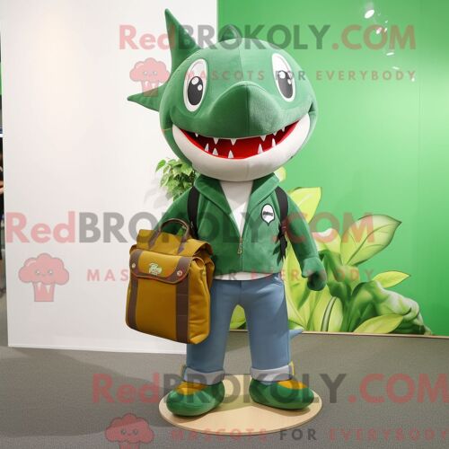 Costume De Mascotte Redbrokoly De Requin Vert Forêt Personnage Habillé Avec Un Jean Et Des Sacs À Main