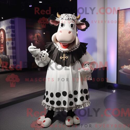 Costume De Mascotte Redbrokoly De Vache Holstein Habillé D Une Robe Taille Empire Et D Épingles À Cheveux