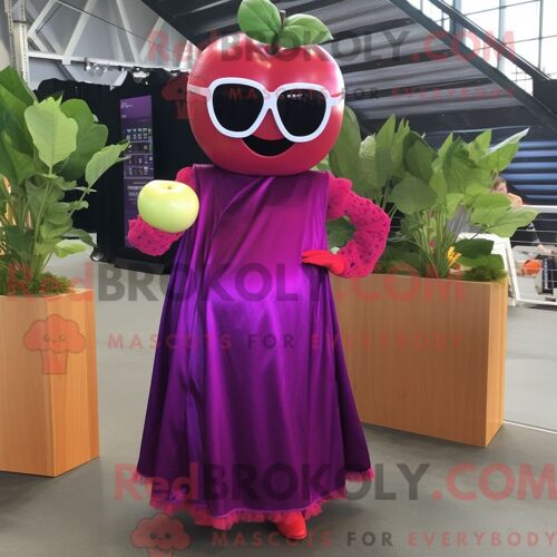 Costume De Mascotte Redbrokoly De Pomme Magenta Habillé Avec Une Robe Longue Et Des Lunettes De Soleil