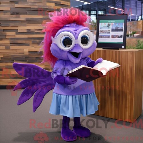 Costume De Mascotte Redbrokoly De Poisson Betta Violet Personnage Habillé D Une Robe Droite Et De Lunettes De Lecture