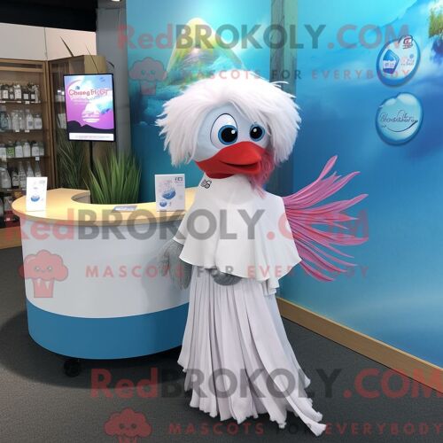 Mascotte Redbrokoly De Poisson Betta Blanc Costume De Personnage Habillé Avec Une Jupe-Culotte Et Des Boucles D Oreilles