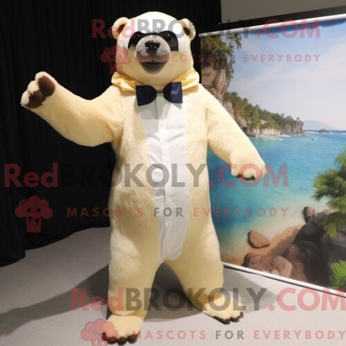 Costume De Mascotte Redbrokoly D Ours Paresseux Crème Personnage Habillé Avec Un Maillot De Bain Une Pièce Et Des Noeuds Papillons