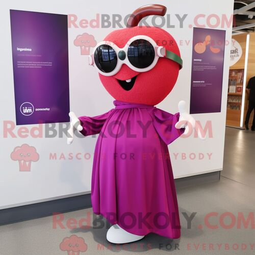 Costume De Mascotte Redbrokoly De Pomme Magenta Habillé Avec Une Robe Longue Et Des Lunettes De Soleil