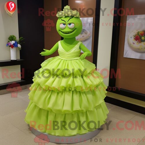 Personnage De Costume De Mascotte Redbrokoly De Gâteau De Mariage Vert Citron Habillé Avec Une Robe De Bal Et Des Épinglettes