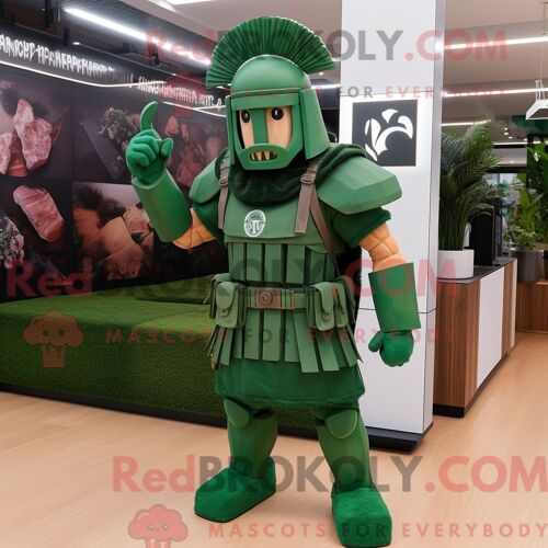 Costume De Mascotte Redbrokoly De Soldat Spartiate Vert Forêt Habillé Avec Une Combishort Et Des Pinces À Cheveux