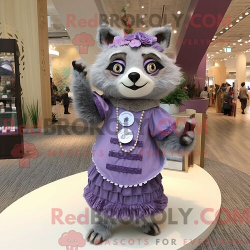 Costume De Mascotte Redbrokoly De Raton Laveur Lavande Habillé Avec Une Robe Taille Empire Et Des Broches