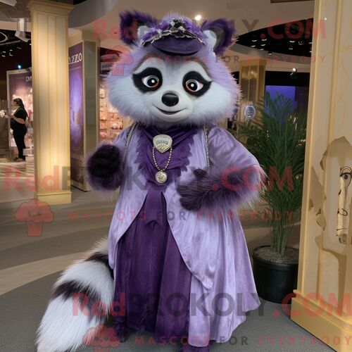 Costume De Mascotte Redbrokoly De Raton Laveur Lavande Habillé Avec Une Robe Taille Empire Et Des Broches