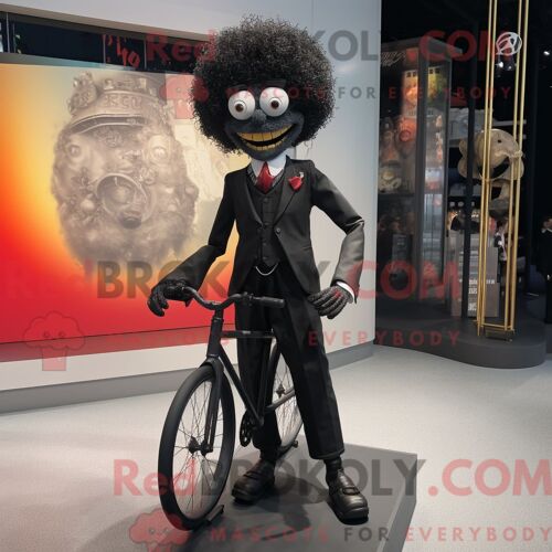 Personnage De Costume De Mascotte Redbrokoly De Monocycliste Noir Habillé Avec Une Veste De Costume Et Des Sacs À Main