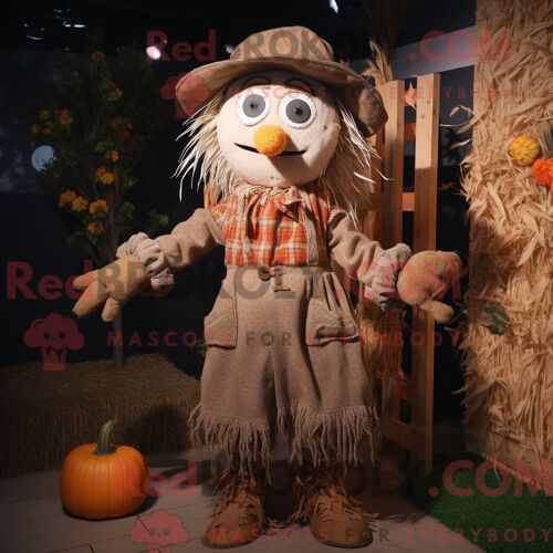 Costume Mascotte Redbrokoly D Épouvantail Personnage Habillé D Un Manteau Et De Mitaines