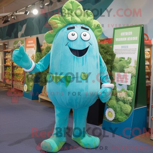 Costume De Mascotte Redbrokoly De Corned-Beef Et De Chou Turquoise Habillé D Une Combinaison Et D Épingles À Cravate
