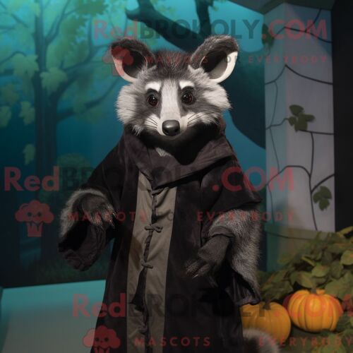 Costume Mascotte Redbrokoly De Civette Noire Personnage Habillé D Un Manteau Et De Ceintures De Smoking