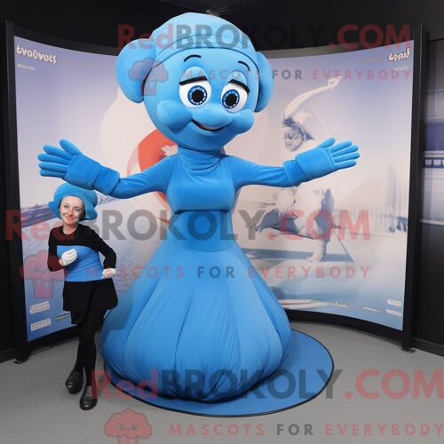 Costume Mascotte Redbrokoly De Contorsionniste Bleu Personnage Habillé D Une Robe Midi Et De Mitaines