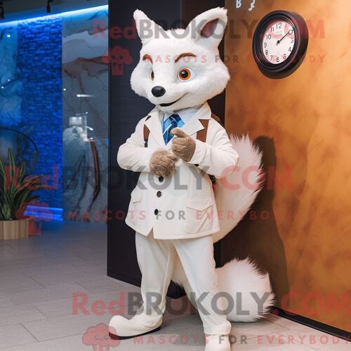 Costume De Mascotte Redbrokoly De Renard Crème Habillé D Une Veste De Costume Et De Montres Numériques