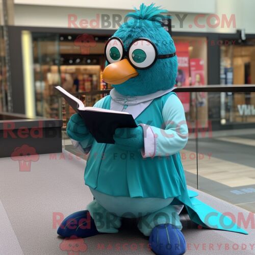 Mascotte Redbrokoly De Personnage De Pigeon Turquoise Habillé D Une Culotte Et De Lunettes De Lecture