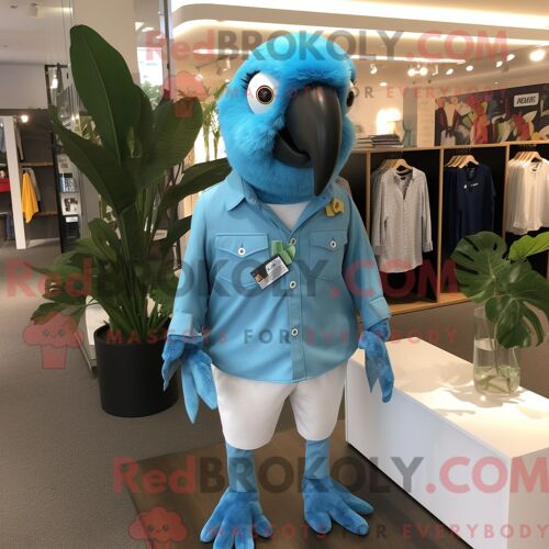 Costume De Mascotte Redbrokoly De Perroquet Cyan Habillé D Une Chemise Oxford Et De Broches