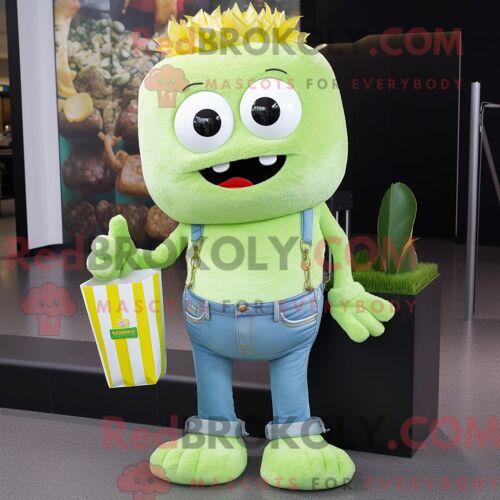 Personnage De Costume De Mascotte Redbrokoly Pop Corn Vert Citron Habillé Avec Un Jean Boyfriend Et Des Portefeuilles