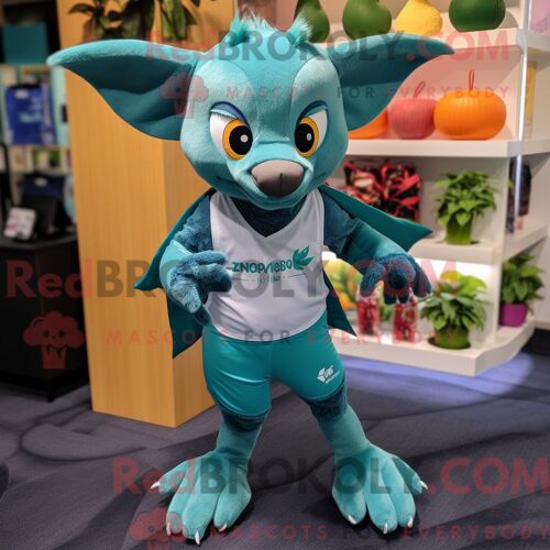 Costume De Mascotte Redbrokoly De Chauve-Souris Aux Fruits Bleu Sarcelle Habillé D Un Short De Course Et De Pochettes De Costume