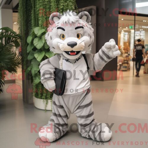 Costume Mascotte Redbrokoly De Tigre Gris Habillé Avec Un Pantalon Chino Et Des Pochettes
