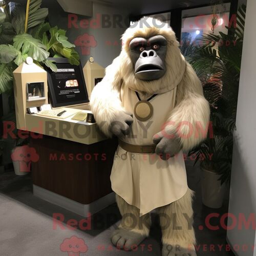 Costume Mascotte Redbrokoly De Gorille Beige Personnage Habillé Avec Une Robe Taille Empire Et Des Broches