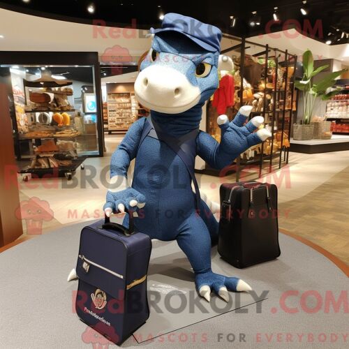 Costume De Mascotte Redbrokoly De Dragon De Komodo Bleu Marine Habillé D Un Jean Évasé Et De Sacs À Main