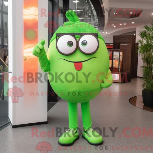 Personnage De Costume De Mascotte Redbrokoly De Prune Vert Citron Habillé Avec Une Chemise Henley Et Des Lunettes