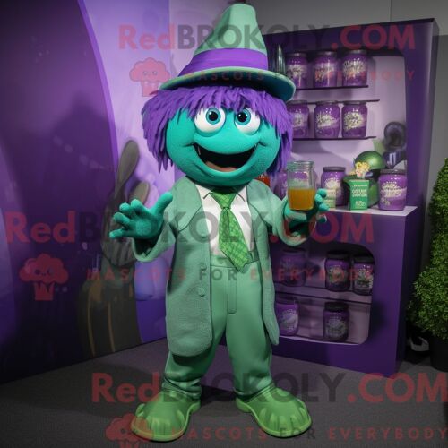 Personnage De Costume De Mascotte Redbrokoly De Bière Verte Violette Habillé Avec Une Jupe-Culotte Et Des Cravates