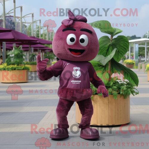 Costume Mascotte Redbrokoly De Raisin Marron Habillé Avec Un Short Et Des Broches