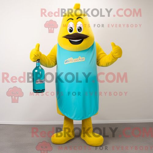 Costume De Mascotte Redbrokoly De Bouteille De Moutarde Turquoise Habillé D Un Gilet Et De Bonnets